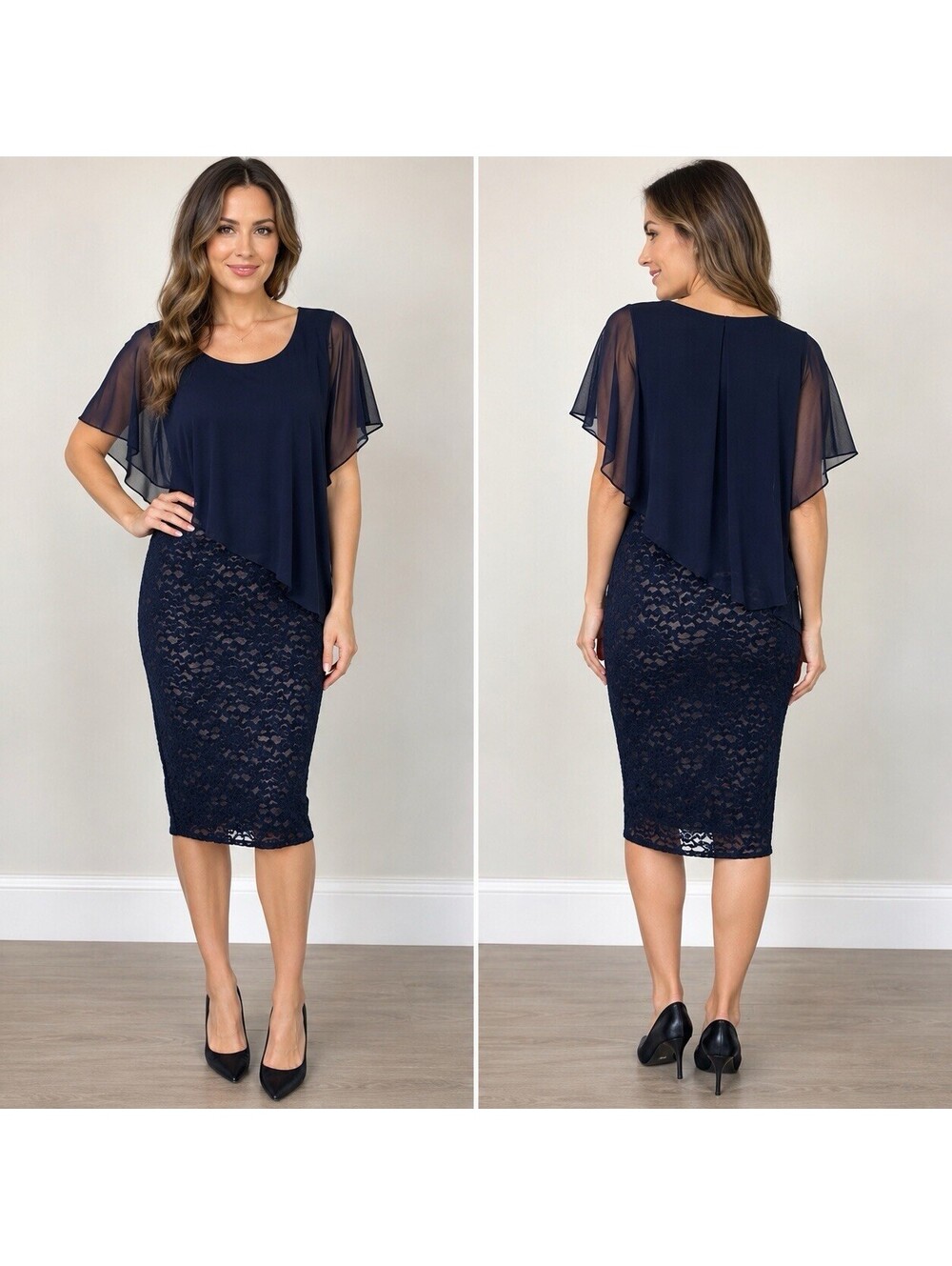 En Focus Studio Navy Blue Lace Midi Sheath Dress Size 6 Flutter Sleeve Cocktail